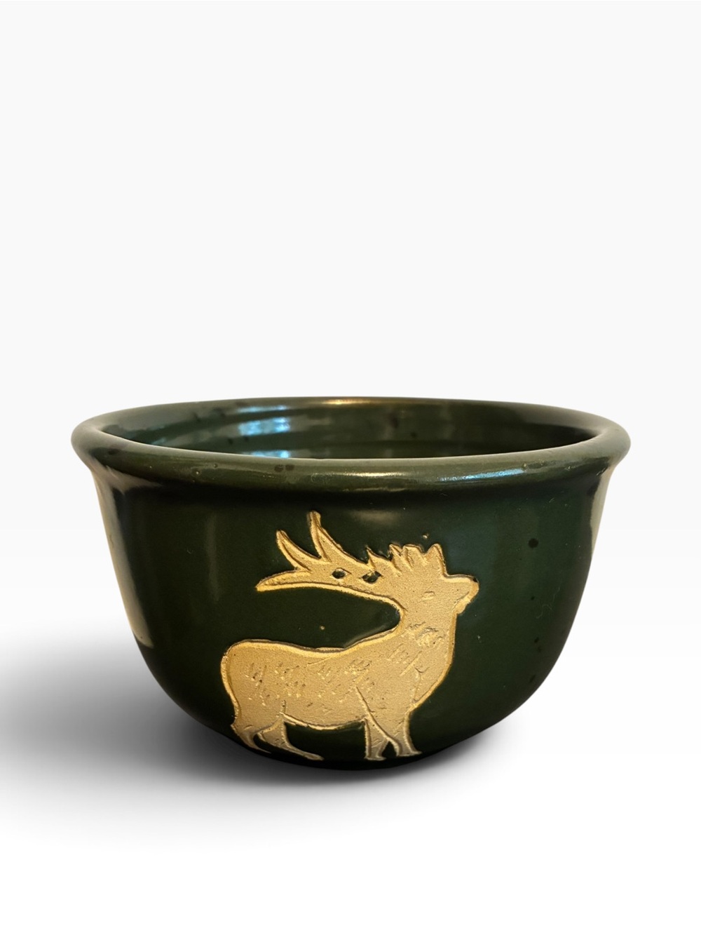 Handcrafted Studio Pottery Green Gold Reindeer Elk Bowl Signed Artisan Ceramic